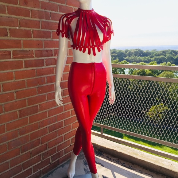 Leather Caged Harness Latex Pantsuit-Red (Small/4) - Picture 2 of 7
